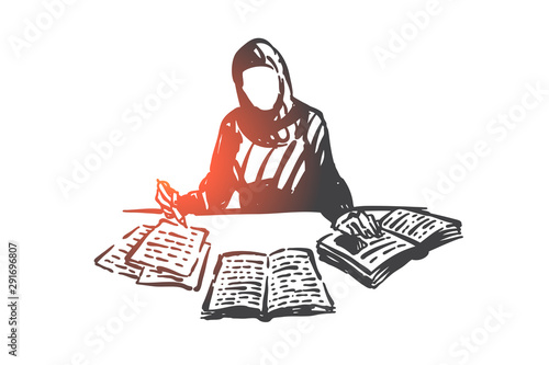 Education of Muslim woman concept sketch. Hand drawn isolated vector
