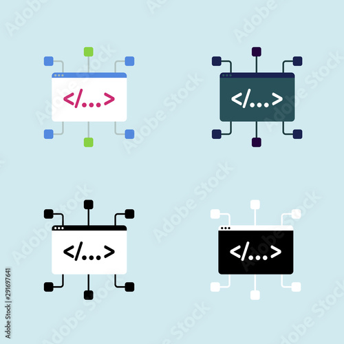 Programming code flat vector icon set. Isolated coding and programming software sign with browser screen