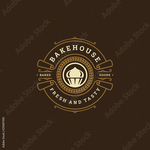 Bakery badge or label retro vector illustration cupcake silhouette for bakehouse.