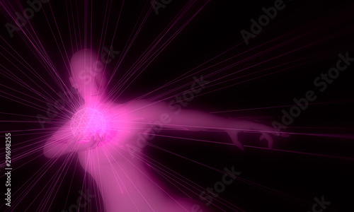 Abstract futuristic background. Man hold glowing sphere. 3D rendering. Neon bulb illumination