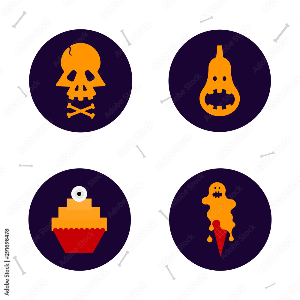 Set of creepy funny halloween horror icons with skull ice cream pumpkin and cake. Round stickers on white background. Cartoon vector illustration.