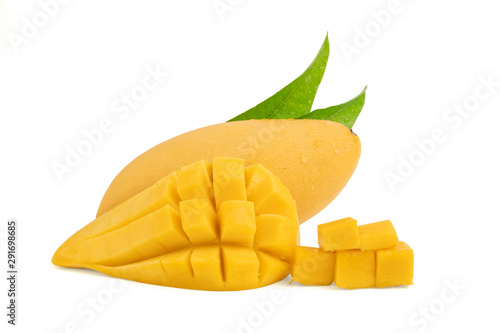 Mango fruit with water drop and green leaf and cut in cubes isolated on white background with clipping path