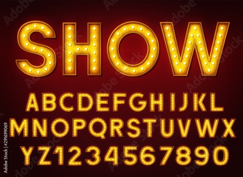 3d light bulb alphabet with numbers on a dark background. Retro glowing font.