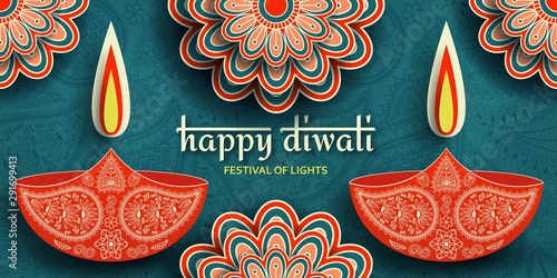 Greeting card for Diwali festival celebration in India. Vector illustration