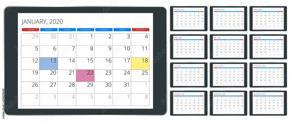 2020 year calendar. Holiday event planner. Week Starts Sunday. Corporate  design planner template. Stock Vector | Adobe Stock