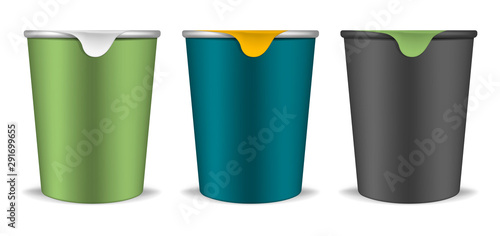 Plastic round food cup with tear off foil lid - front view, realistic vector mockup set. Yogurt color pots isolated on white background, template. Easy to recolor