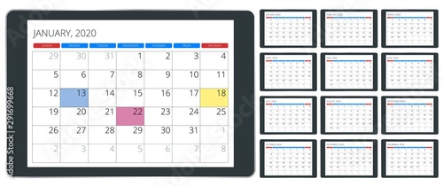2020 year calendar. Holiday event planner. Week Starts Sunday. Corporate design planner template.