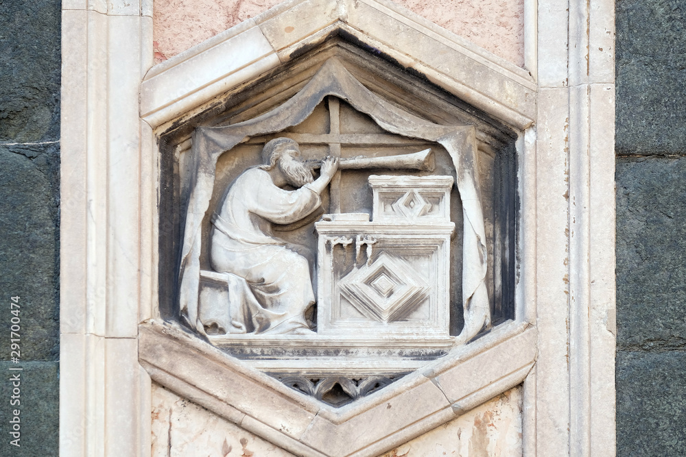 Jubal by Nino Pisano, 1334-36., Relief on Giotto Campanile of Cattedrale di Santa Maria del Fiore (Cathedral of Saint Mary of the Flower), Florence, Italy Jubal by Nino Pisano, 1334-36., Relief on Giotto Campanile of Cattedrale di Santa Maria del Fiore (Cathedral of Saint Mary of the Flower), Florence, Italy