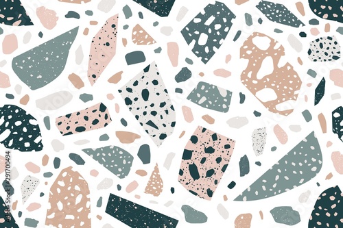 Terrazzo flat vector seamless pattern. Scattered stone pieces decorative texture. Creative rock fragments backdrop. Vintage wallpaper, wrapping paper, textile geometric design. Italian flooring.