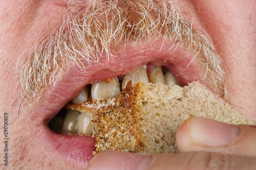 Old elderly mustachioed man chews bread with yellow sore teeth macro concept