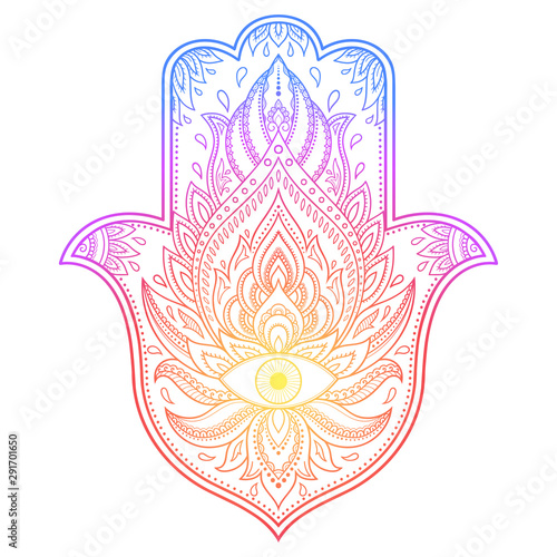 Colorful Hamsa hand drawn symbol with flower. Decorative pattern in oriental style for interior decoration and henna drawings. The ancient sign of "Hand of Fatima". Rainbow design on white background.