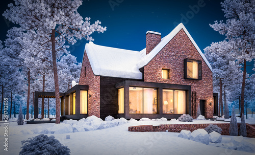 3d rendering of modern cozy clinker house on the ponds with garage and pool for sale or rent with beautiful landscaping on background. Cool winter night with warm cozy light inside. © korisbo