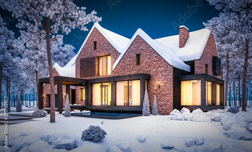 3d rendering of modern cozy clinker house on the ponds with garage and pool for sale or rent with beautiful landscaping on background. Cool winter night with warm cozy light inside.