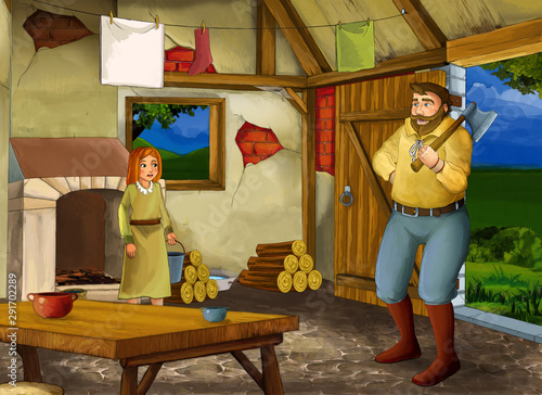 cartoon scene with old kitchen in farm house with happy father and daughter - illustration for children