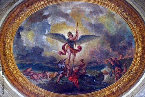 Saint Michael slaying the dragon by Eugene Delacroix, painting on the ceiling of the Saint Sulpice Church, Paris, France