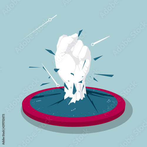Fist hit the clock. Isolated on blue background.