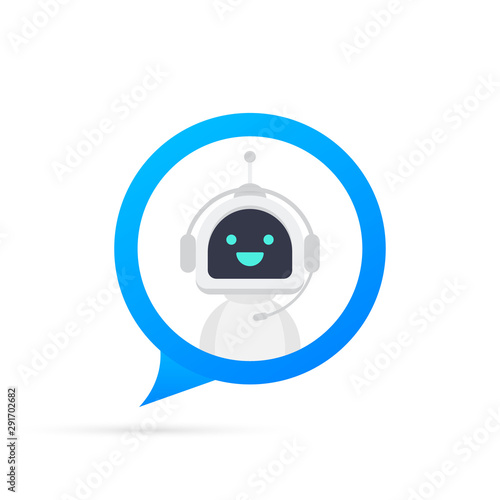 Chat Bot Using Laptop Computer, Robot Virtual Assistance Of Website Or Mobile Applications. Voice support service bot. Online support bot. Vector illustration.