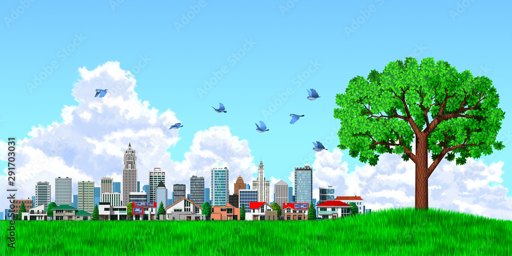 3d rendering city, house and tree thunderhead