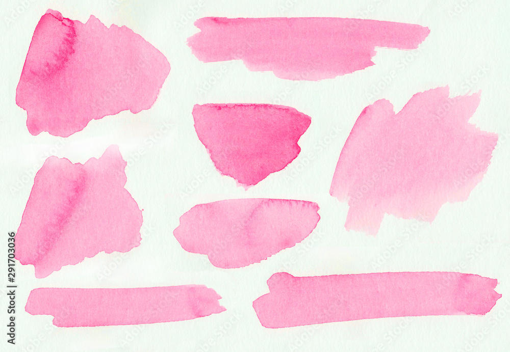 Light pink watercolor art with stains set. Aquarelle paint paper texture isolated elements for text design, greeting card, template on white background. Gentle magenta color illustration Light pink watercolor art with stains set. Aquarelle paint paper texture isolated elements for text design, greeting card, template on white background. Gentle magenta color illustration