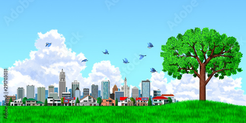 Tableau sur toile 3d rendering city, house and tree thunderhead