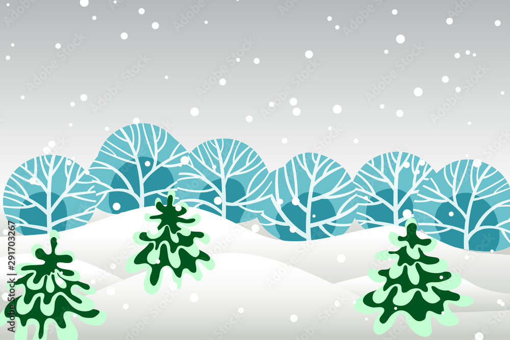 Winter landscape with trees and christmas trees in snow. Christmas and New Year vector illustration