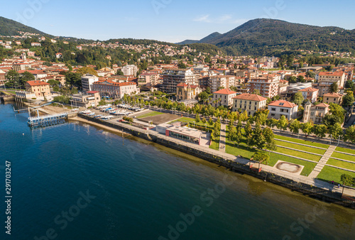 Aerial view of Luino, is a small town on the shore of Lake Maggiore in province of Varese, Italy. © EleSi