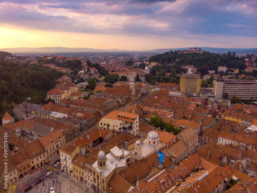 Brasov cityscape, panoramic and aerial view over medieval architecture of Brasov town from Transylvania, Romania