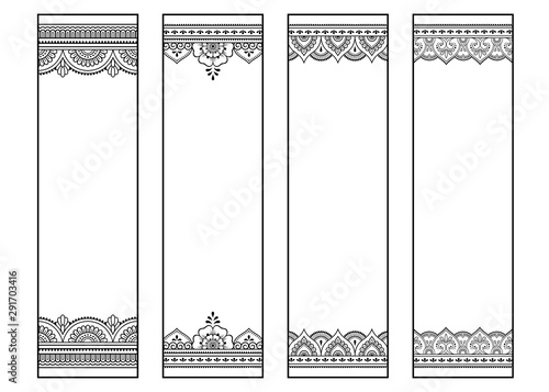 Printable bookmark for book - coloring. Set of black and white labels with flower patterns, hand draw in mehndi style. Sketch of ornaments for creativity of children and adults with colored pencils.