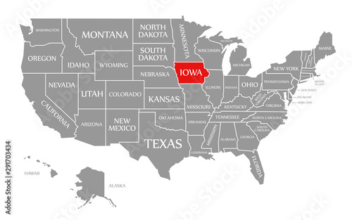 Iowa red highlighted in map of the United States of America