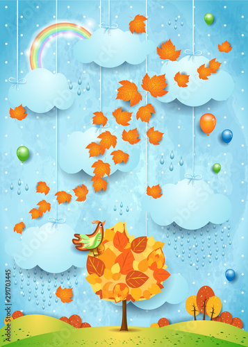 Autumn background with leaves, tree, rain and bird