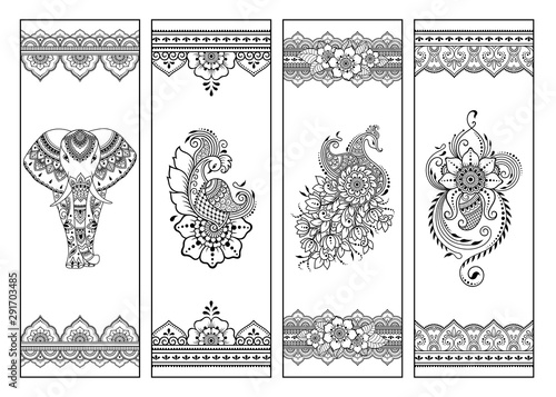 Printable bookmark for book - coloring. Set of black and white labels with flower patterns, hand draw in mehndi style. Sketch of ornaments for creativity of children and adults with colored pencils.