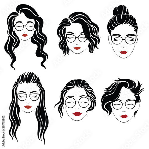 Set of hairstyles for women with glasses. Collection of silhouettes of hairstyles for girl. Vector illustration for beauty salon.