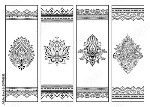 Printable bookmark for book - coloring. Set of black and white labels with flower patterns, hand draw in mehndi style. Sketch of ornaments for creativity of children and adults with colored pencils.