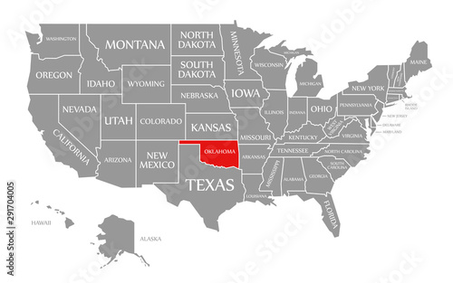 Oklahoma red highlighted in map of the United States of America
