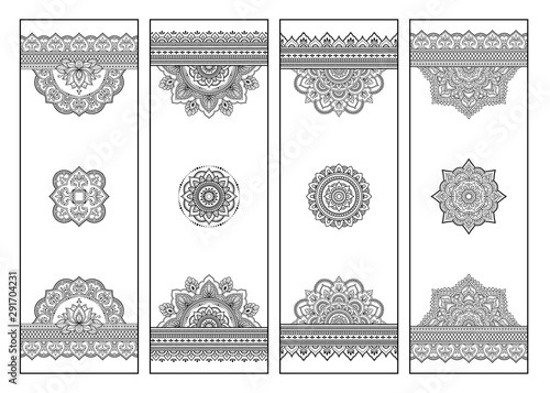 Printable bookmark for book - coloring. Set of black and white labels with flower patterns, hand draw in mehndi style. Sketch of ornaments for creativity of children and adults with colored pencils.