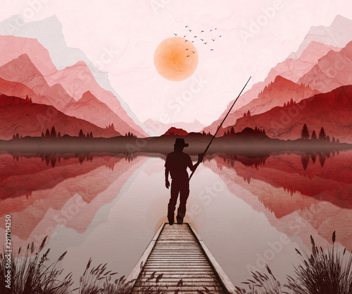 Mountain landscape illustration, with setting sun and mist in valley. Fisherman on jetty