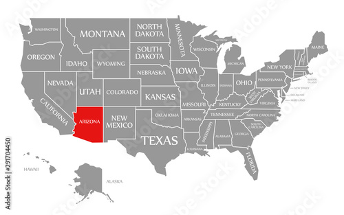 Arizona red highlighted in map of the United States of America