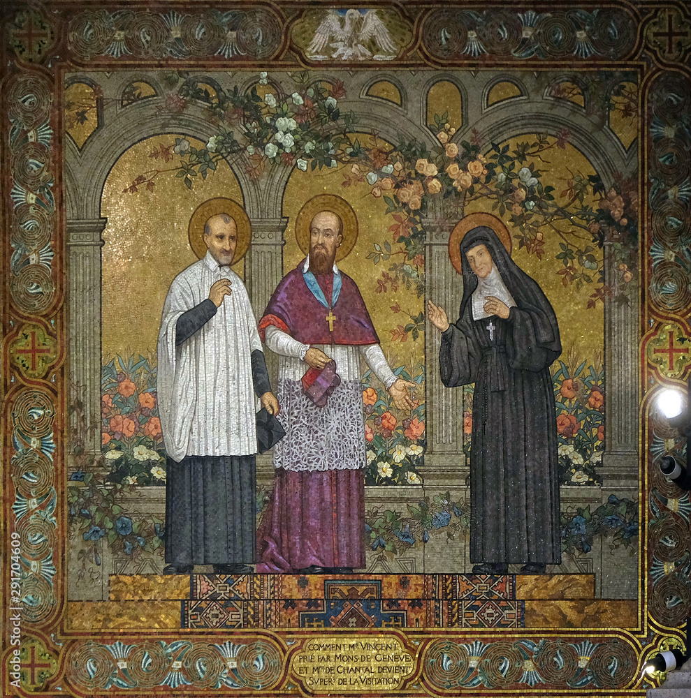 Saints Vincent de Paul with Francis de Sales and Jeanne de Chantal, mosaic in the Basilica of the Sacred Heart of Jesus in Paris, France 