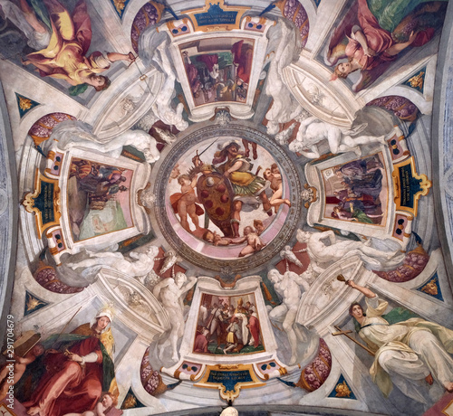 Obraz na plátně Mars holds the Medici coat of arms between putti fresco by Bernardino Poccetti O