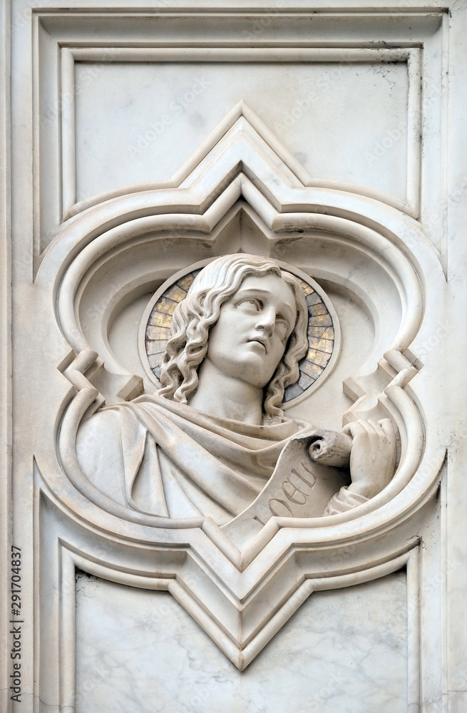 Joel prophet, relief on the facade of Basilica of Santa Croce (Basilica of the Holy Cross) - famous Franciscan church in Florence, Italy