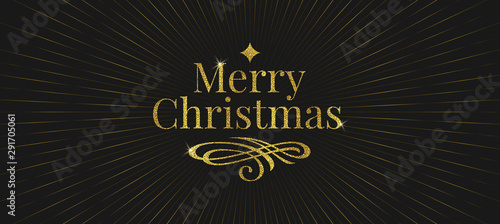 Merry Christmas greeting design. Glitter gold greetings and rays of shining on black background. Vector illustration. Christmas holidays design.