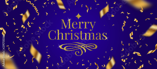 Christmas greeting design. Glitter gold greetings, flourishes pattern and golden confetti on blue background. Vector illustration. Christmas holidays design.