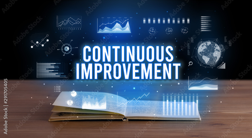CONTINUOUS IMPROVEMENT inscription coming out from an open book, creative business concept