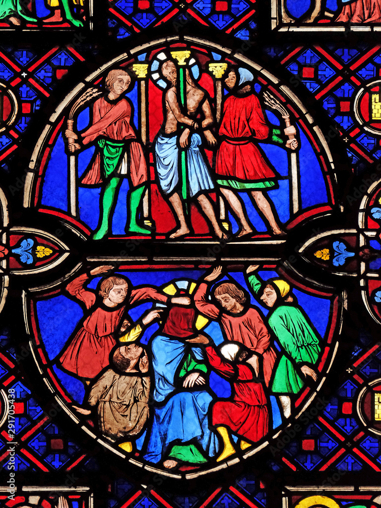 Flagellation of Christ, stained glass window from Saint Germain-l'Auxerrois church in Paris, France on January 09, 2018.