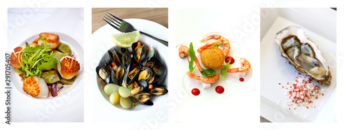 Collage of various sea food dishes photo