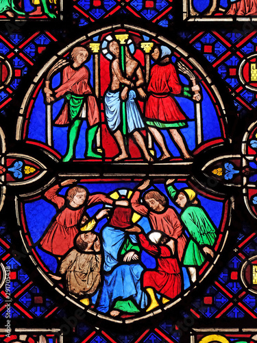 Flagellation of Christ  stained glass window from Saint Germain-l Auxerrois church in Paris  France on January 09  2018.