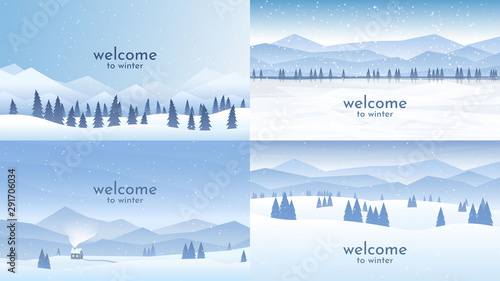 Vector illustration. Flat winter landscape. Simple snowy backgrounds. Snowdrifts. Snowfall. Clear blue sky. Blizzard. Snowy weather. Cold season. Panoramic wallpapers. Set of backgrounds.