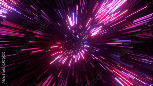 Abstract bright creative cosmic background. Hyper jump into another galaxy. Speed of light, neon glowing rays in motion. Beautiful fireworks, colorful explosion, big bang. Falling stars. 3d rendering