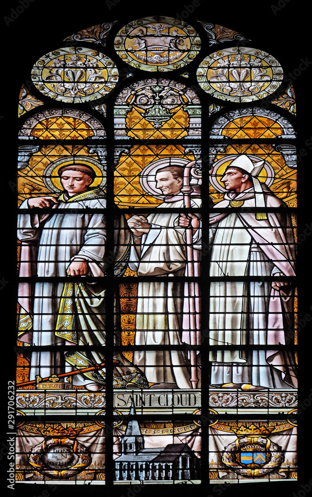 Saint Cloud, stained glass window in the Saint Augustine church in Paris, France