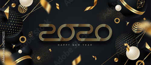 2020 new year logo. Greeting design with golden  number of year and black and gold abstract shapes. Design for greeting card, invitation, calendar, etc.